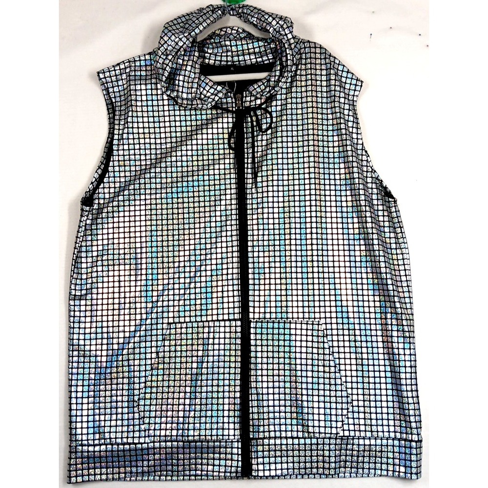 ZEROYAA Men's Metallic Silver Sleeveless Hooded Vest, XL, Full Zip, Split Kangar